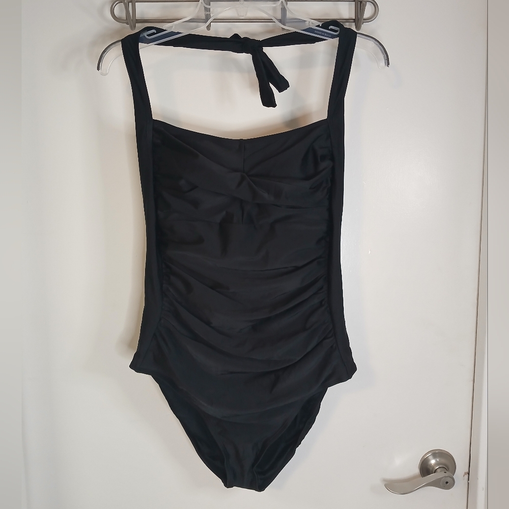 Black Retro Style Tie Neck Halter One Piece Swimsuit L New! Smismivo